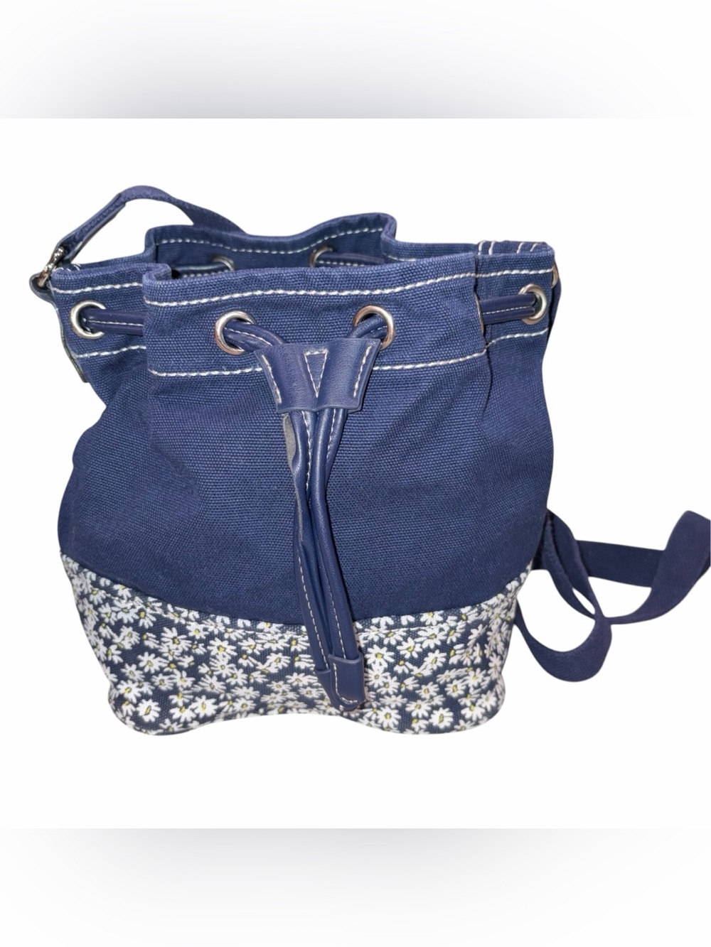 Lands’ End Navy Blue Canvas Daisy Drawstring Bucket Bag Shoulder Bag Crossbody